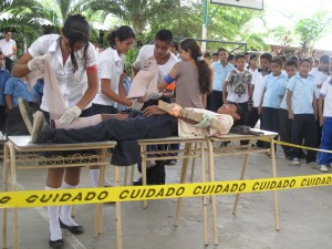 Disaster Risk Reduction drills at schools the students learn how to help others if they are injured La Libertad El Salvador